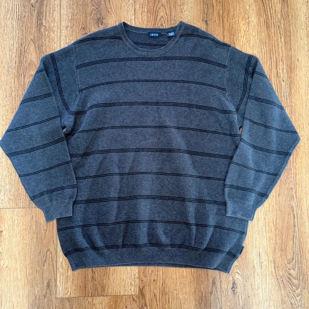 IZOD Charcoal Gray Black Striped 100% Cotton Knit Crewneck Sweater Mens XL
